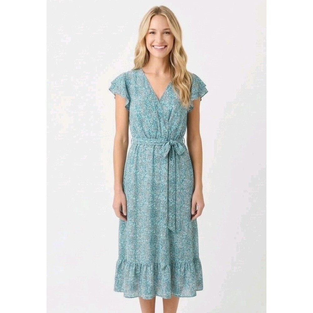 LC Lauren Conrad  Dress XL Green Floral  V-Neck Ruffle Hem Belted flutter Slv